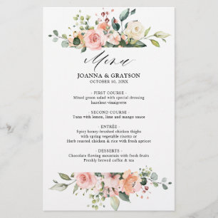 Pastel Blush Ivory Floral Botanal Mariage Menu