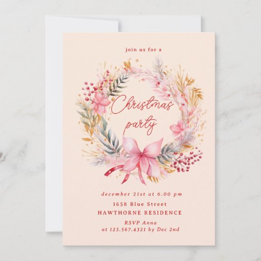 Pastel Blush Krans Kerstfeest Kaart (Voorkant)