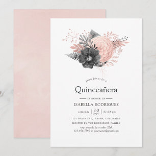 Pastel Blush Pink and Charcoal Floral Quinceañera Kaart