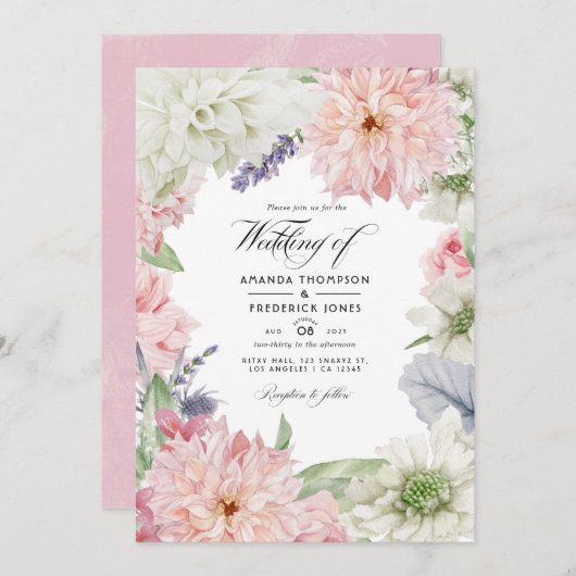 Pastel Blush Pink Dahlia Faire-part de mariage (Devant / Derrière)