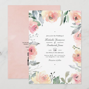 Pastel Blush Pink Floral QR Code RSVP Weddenschap Kaart