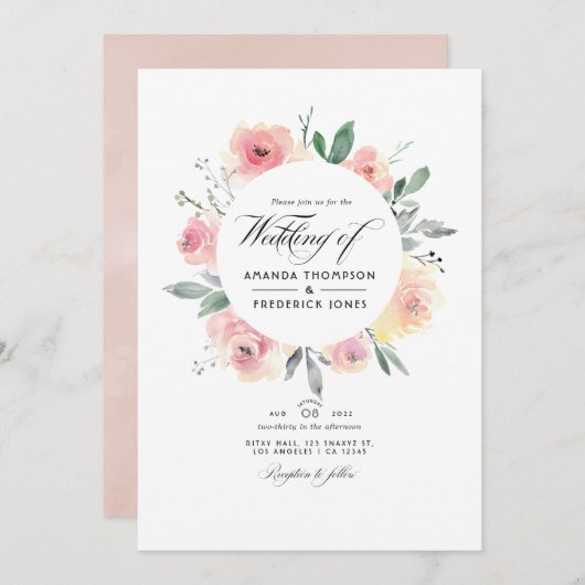 Pastel Blush Pink Floral QR Code RSVP Weddenschap Kaart (Voorkant / Achterkant)
