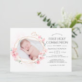 Pastel Blush Pink Geometric Floral Heilige Communi Kaart (Staand voorkant)
