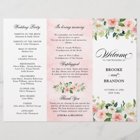 Pastel Blush Pretty Rose Floral Wedding Programme (Devant)