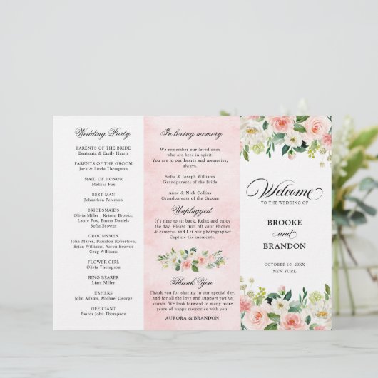 Pastel Blush Pretty Rose Floral Wedding Programme (Debout devant)
