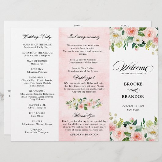 Pastel Blush Pretty Rose Floral Wedding Programme (Devant / Derrière)