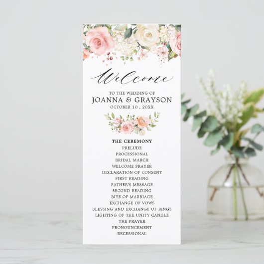 Pastel Blush Roos Floral Botanical Weddenschap Programma (Staand voorkant)