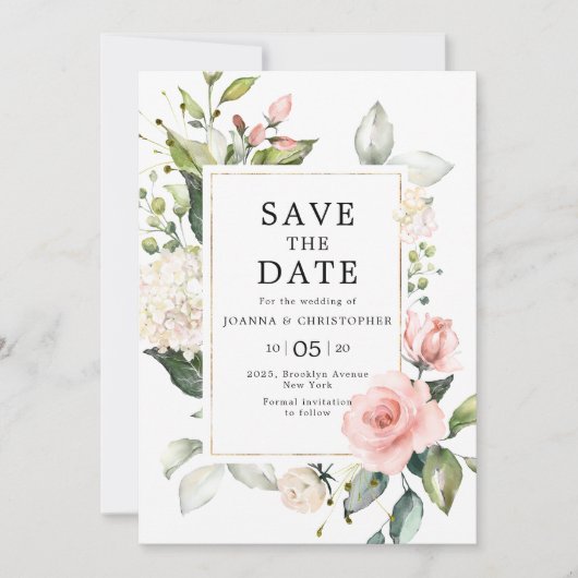 Pastel Blush Roos Floral Botanical Weddenschap Save The Date (Voorkant)