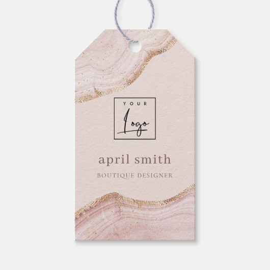 Pastel Blush Roos Gold Agate Marble Texture Logo Cadeaulabel (Voorkant)