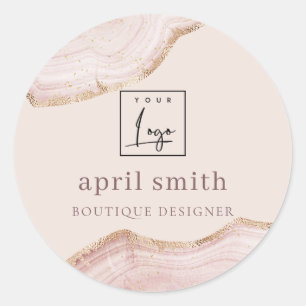 Pastel Blush Roos Gold Agate Marble Texture Logo Ronde Sticker