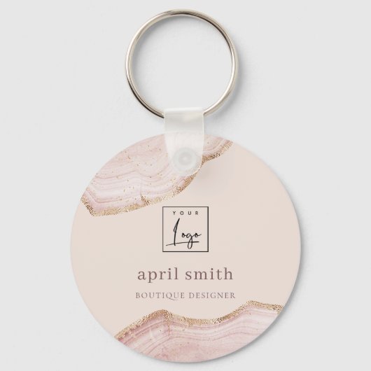 Pastel Blush Roos Gold Agate Marble Texture Logo Sleutelhanger (Voorkant)