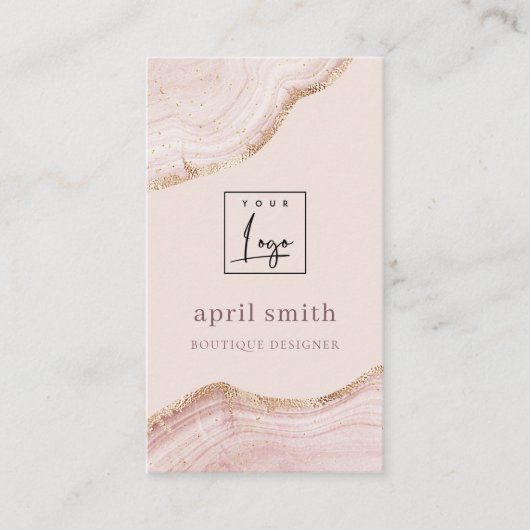 Pastel Blush Roos Gold Agate Marble Texture Logo Visitekaartje (Voorkant)
