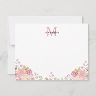 Pastel Blush Roze Bloemen Rozen Script Monogram Notitiekaartje