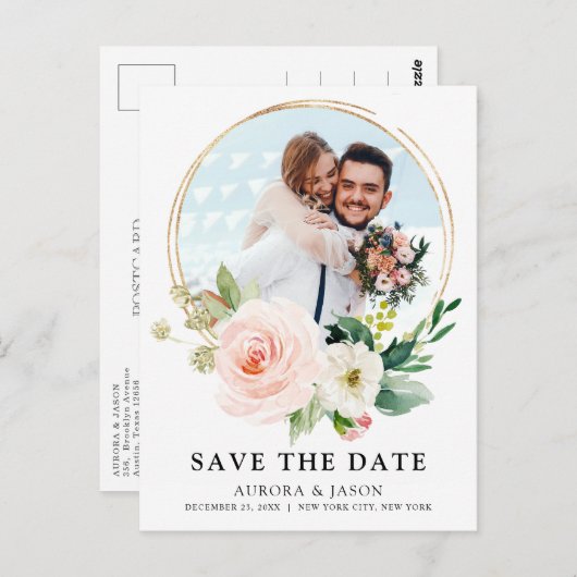 Pastel Blush Roze botanisch sparen Datum P Briefkaart (Voorkant / Achterkant)