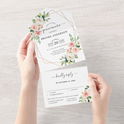 Pastel Blush  Roze botanische Quinceanera All In One Uitnodiging (Afscheurbaar)