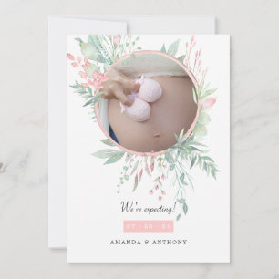 Pastel Blush Roze en Greenery Fotozwangerschap Aankondiging