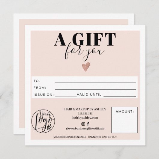 Pastel blush roze vierkant cadeaubon logo (Voorkant / Achterkant)