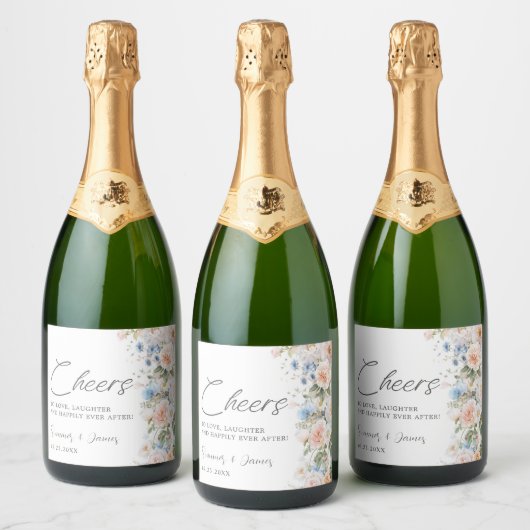 Pastel Blush Wit Blauw Bloemen Cheers Wedding Sparkling Wijnetiket (Flessen)