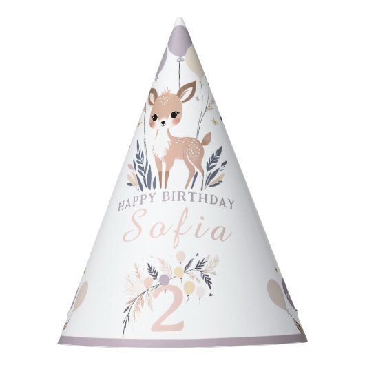 Pastel Boho Fawn en ballonnen Verjaardag Feesthoedjes (Voorkant)