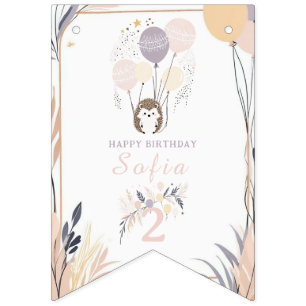 Pastel Boho Hedgehog en Ballonnen Verjaardag Vlaggetjes