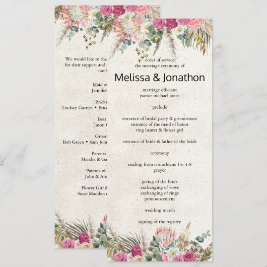 Pastel Boho Neutraal Bloemen Huwelijksprogramma Programma (Voorkant / Achterkant)