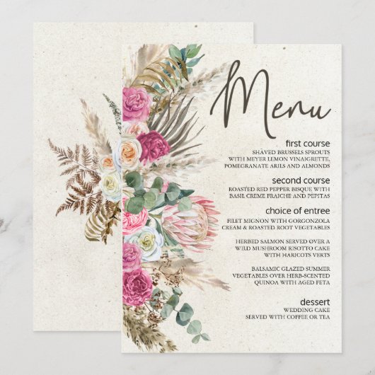 Pastel Boho Neutraal Bloemend Huwelijksmenu Menu (Voorkant / Achterkant)