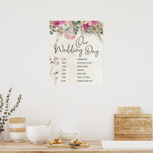 Pastel Boho Neutral Floral Mariage Horaire Poster (Cuisine)