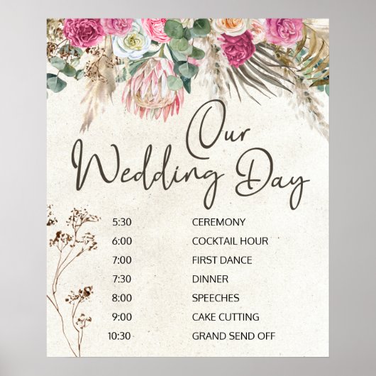 Pastel Boho Neutral Floral Wedding Schedule Poster (Voorkant)