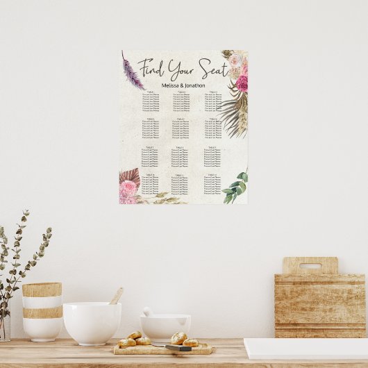 Pastel Boho Neutral Floral Wedding Seating Chart Poster (Keuken)