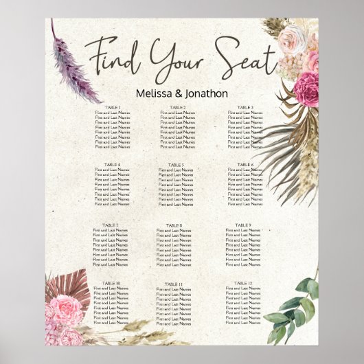 Pastel Boho Neutral Floral Wedding Seating Chart Poster (Voorkant)