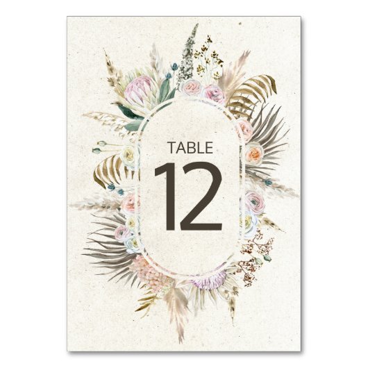 Pastel Boho Neutral Floral Wedding Table Number Kaart (Voorkant)