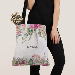 Pastel Boho Neutrale Bloem Initialen Monogram Draagtas