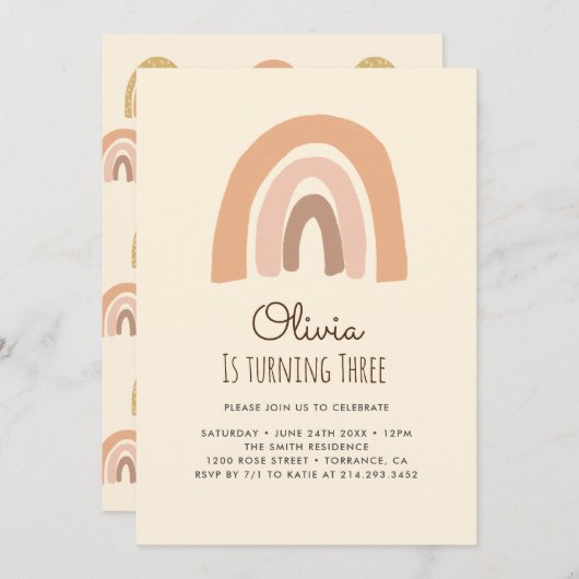 Pastel Boho Rainbow 3rd Verjaardag Uitnodiging Kaa (Voorkant / Achterkant)