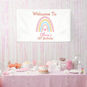 Pastel Boho Regenboog Met Hartjes verjaardags Welk Spandoek