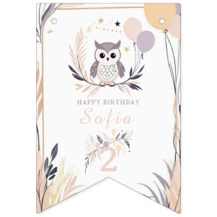 Pastel Boho Uil en Ballonnen Verjaardag Vlaggetjes