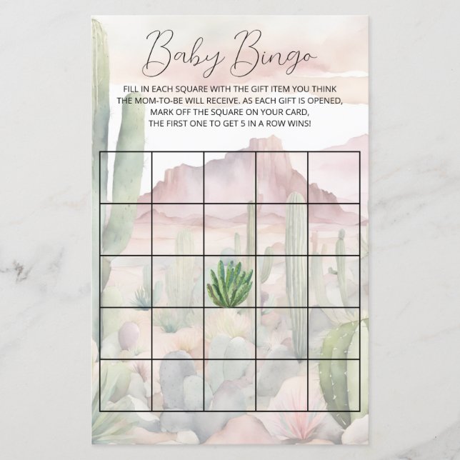 Pastel Boho Woestijn Cactus Baby Shower Bingo Spel (Voorkant)