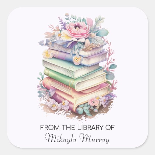Pastel Books & Flowers Personalized Bookplaten Vierkante Sticker (Voorkant)