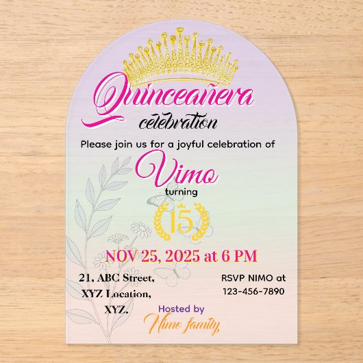 Pastel Botanical Quinceañera Acrylic Invitation (Recto)