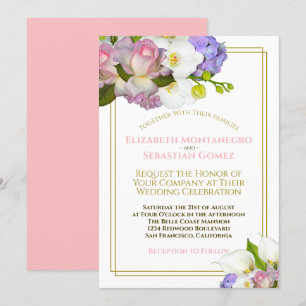 Pastel Bouquet Spring Floral Gold and Pink Wedding Kaart