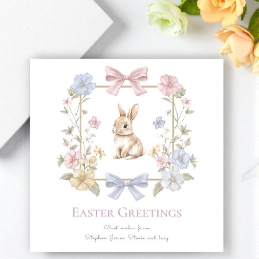 Pastel Bow Floral Bunny Easter Card Feestdagenkaart