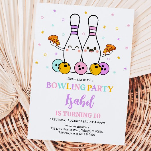 Pastel Bowling en Pizza Verjaardagsfeestje Kaart
