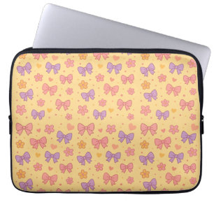 Pastel Bows & Bloemen Patroon – Schattig Geel Meis Laptop Sleeve