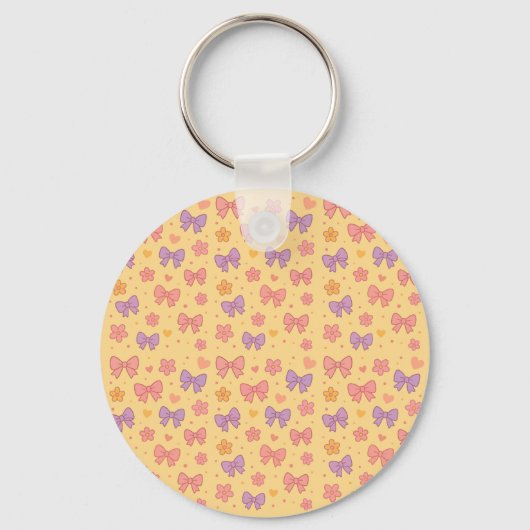 Pastel Bows & Flowers Pattern – Cute Yellow Girly Sleutelhanger (Achterkant)