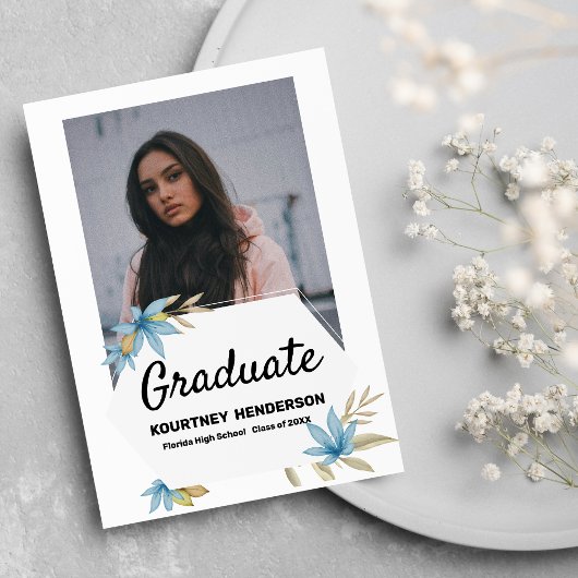 Pastel bruin blauw bloem Foto Graduation Party Kaart