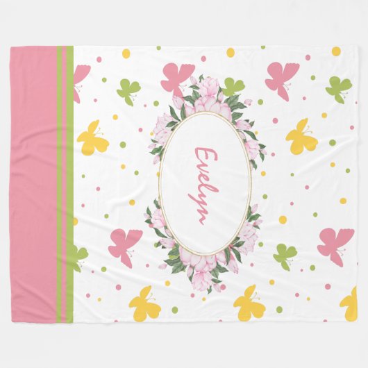 Pastel Butterfly Pattern met Flowers and Name Fleece Deken (Voorkant (Horizontaal))