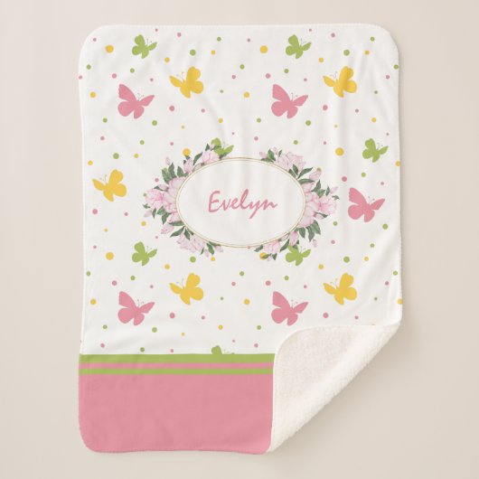 Pastel Butterfly Pattern met Flowers and Name Sherpa Deken (Voorkant)