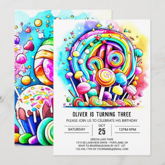 Pastel Candyland Afdrukbare Verjaardag Kaart (Voorkant / Achterkant)