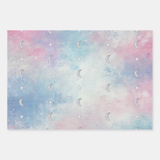 Pastel Celestial Crescent Moon & Star - 3 x Inpakpapier Vel (Voorkant 2)