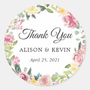 Pastel Chic Bloemen Krans Huwelijksgunst Dank u Ronde Sticker