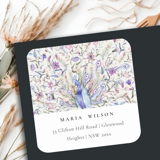 Pastel Classy  Waterverf Peacock Adres Vierkante Sticker